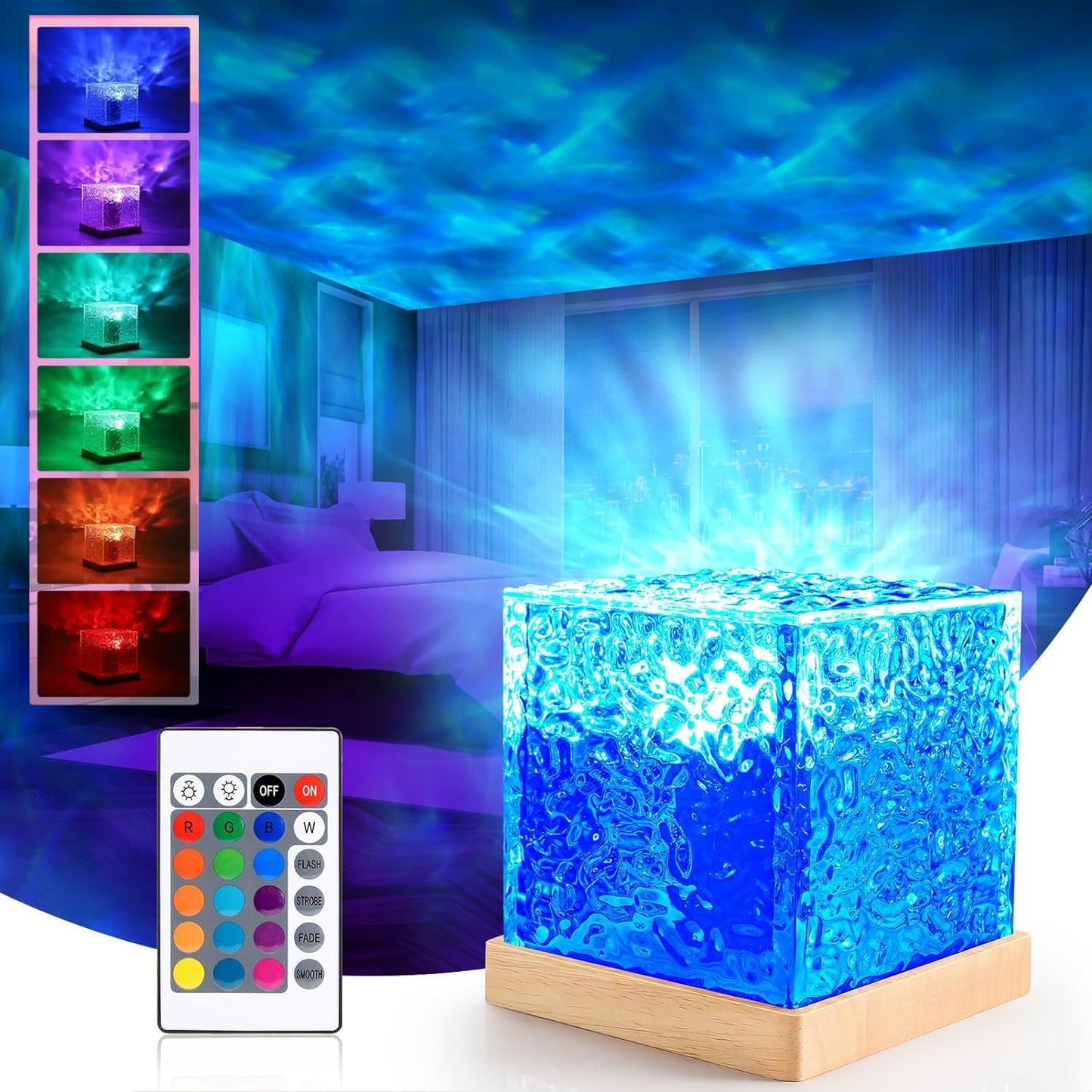 Ocean Wave Projector Night Light, 16 Colors Lamp, Romantic 3D Water Wave Effect with LED Night Light, USB Powered (Multicolor)