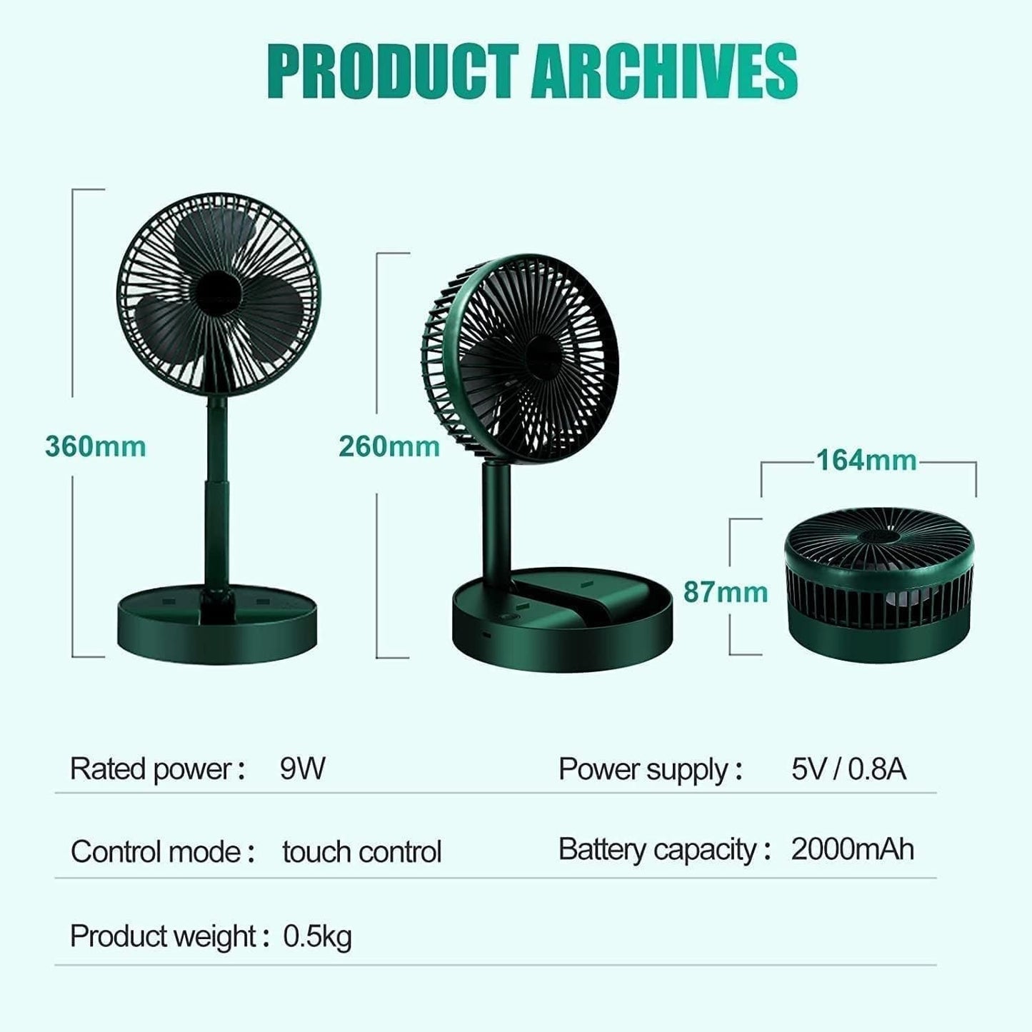 Portable USB Desk Fan, 180-Degree Rotation, Folding Design, with mobile stand Green