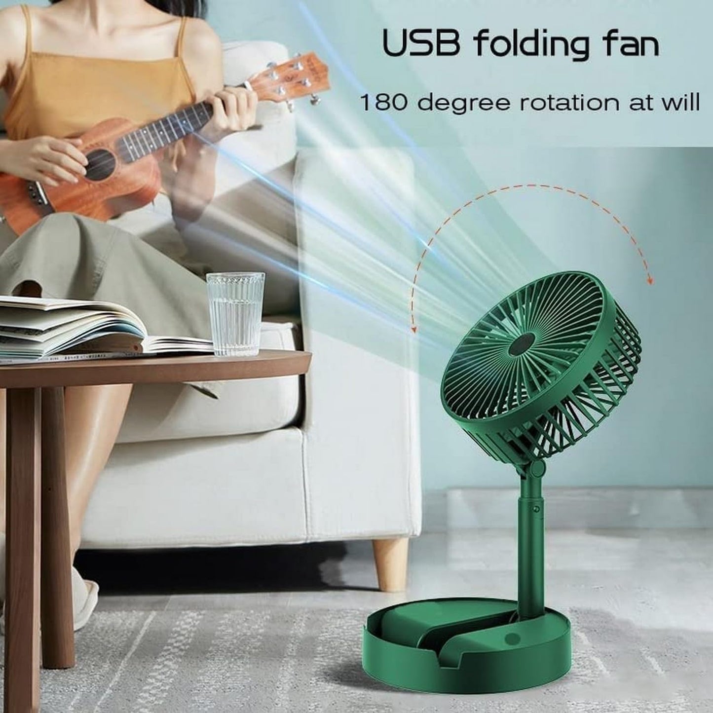 Portable USB Desk Fan, 180-Degree Rotation, Folding Design, with mobile stand Green